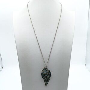 Vintage Silver Tone Leaf Pendant Necklace With Turquoise Accents